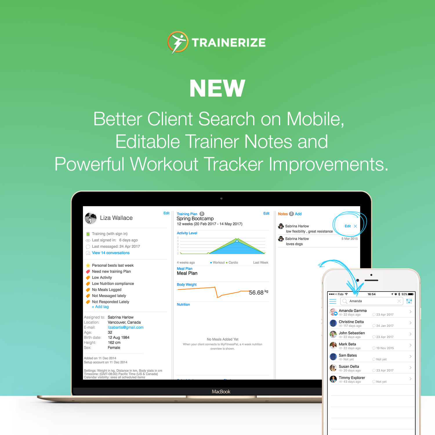 workout tracker, mobile client search, editable trainer notes