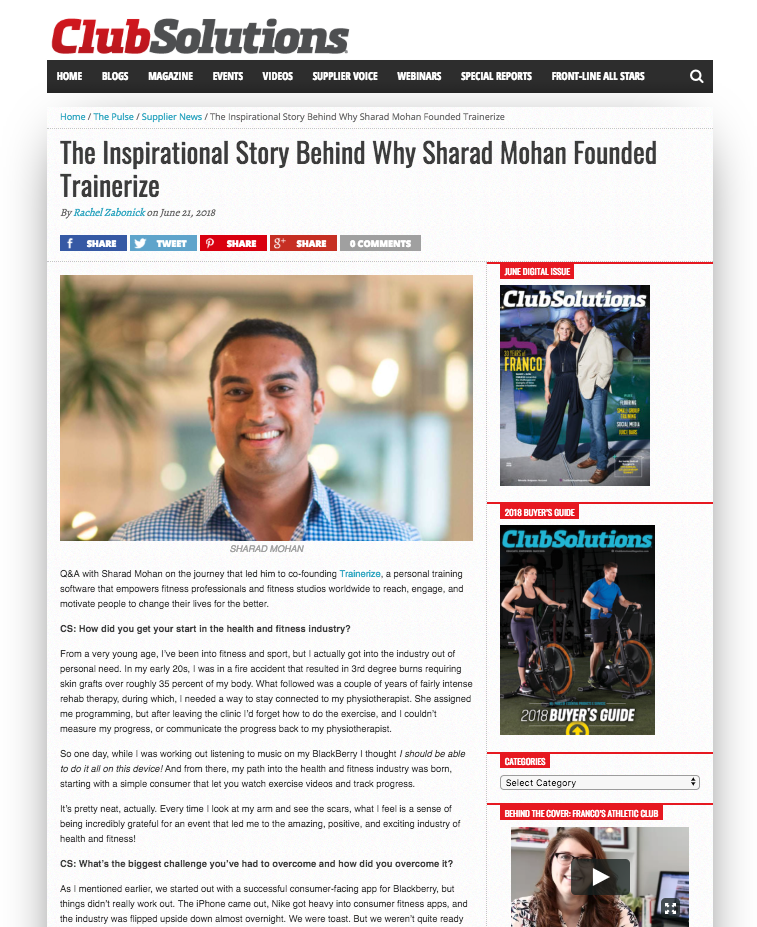 Trainerize CEO, Sharad Mohan Featured in Club Solutions Magazine ...