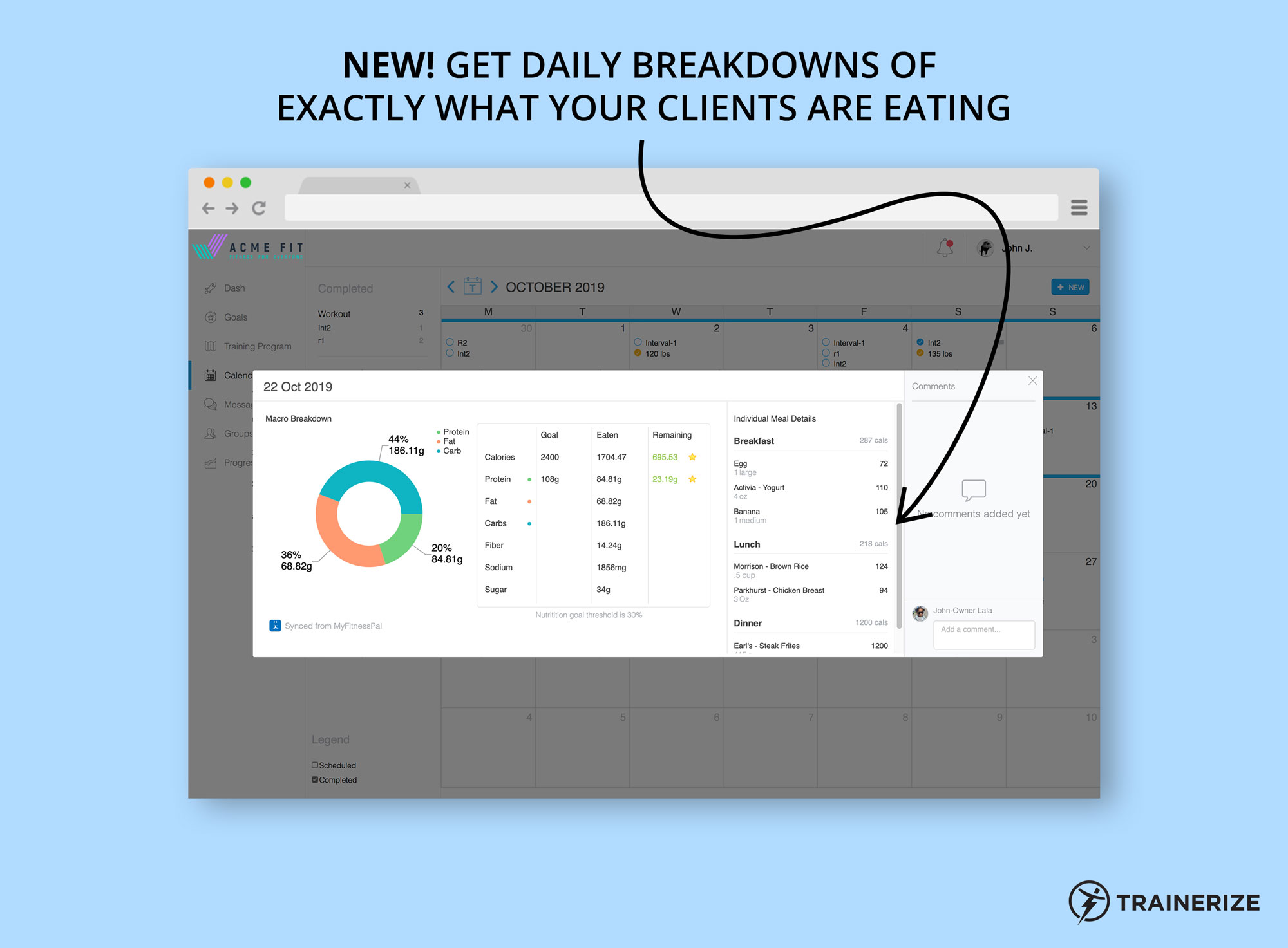 Get full meal details synced from MyFitnessPal into Trainerize