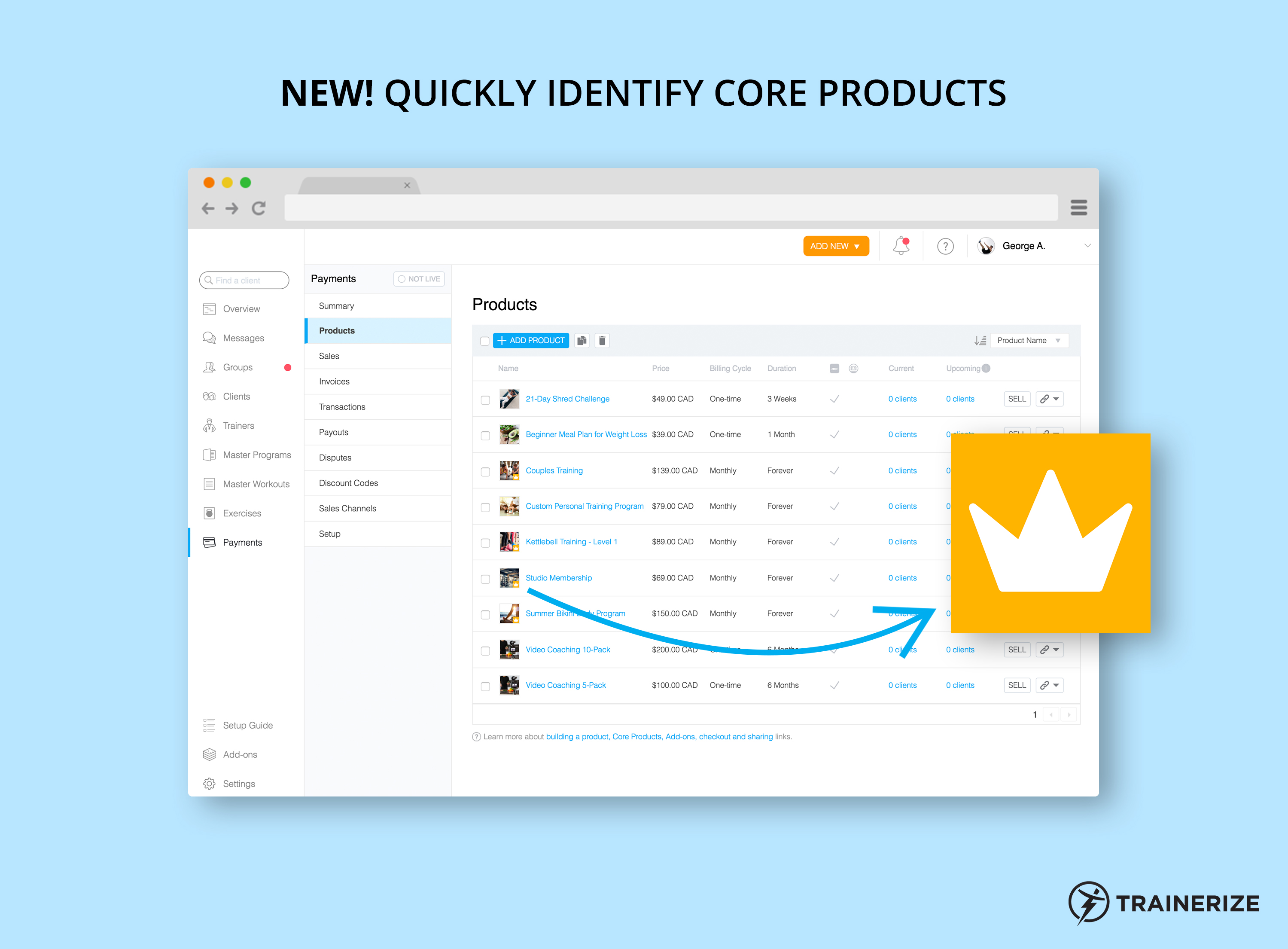 New in Trainerize Pay: Quickly Identify Core Products