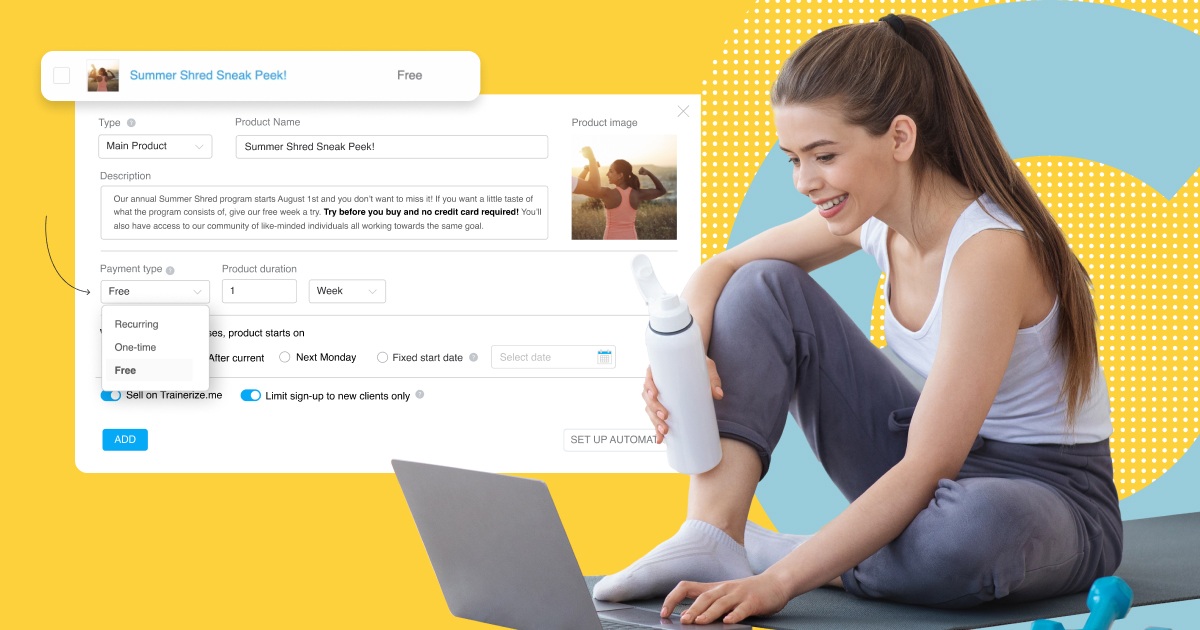 Image of woman sitting on yoga mat with a laptop. Image of Trainerize's Free Products feature in the background.