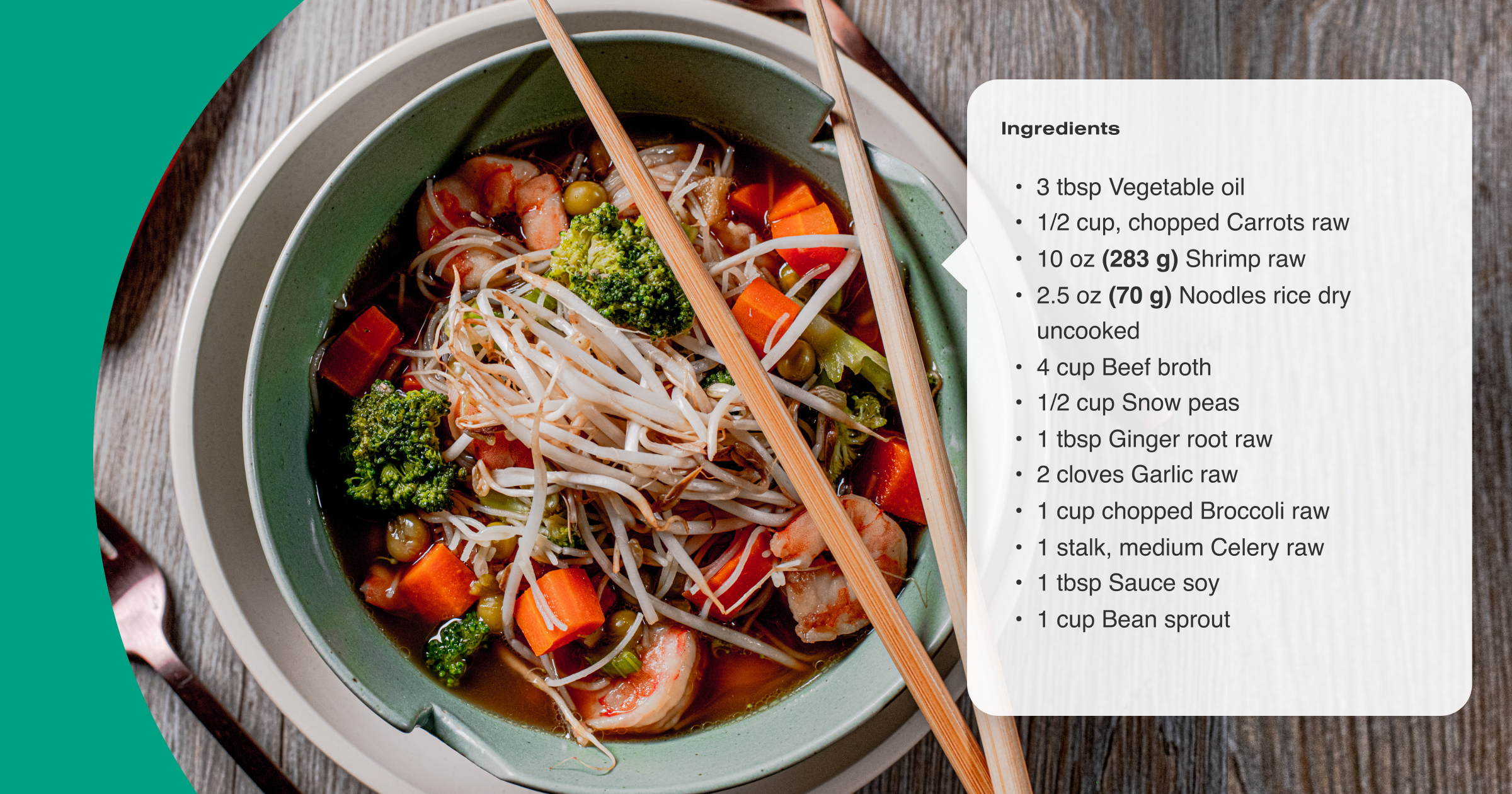 An image of a noodle soup recipe showing metric units beside weighted ingredients.