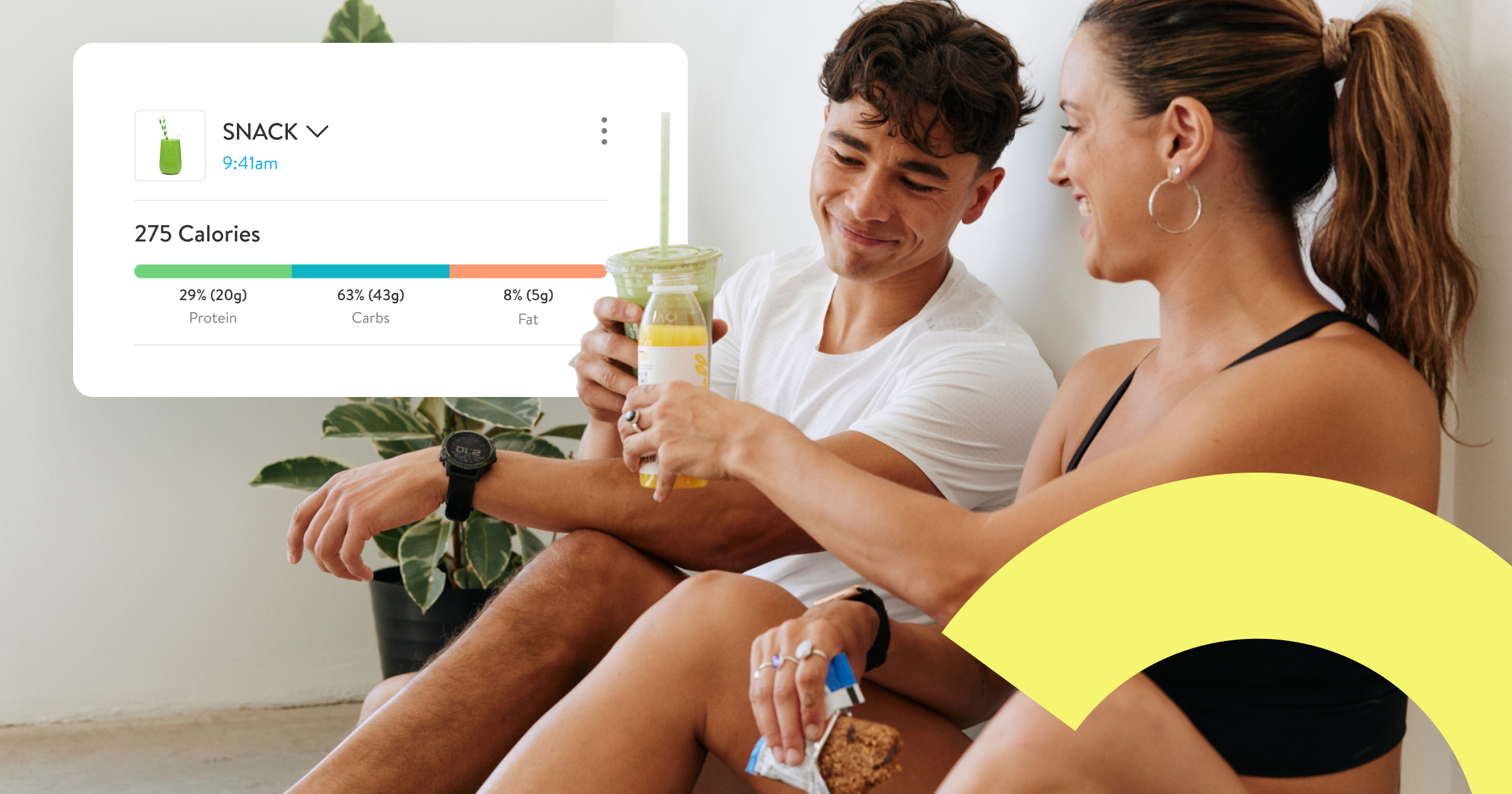 Two people sitting together with smoothies with a screen pop-up showing the macro and caloric breakdown of the smoothie from Trainerize's in-app meal tracker.