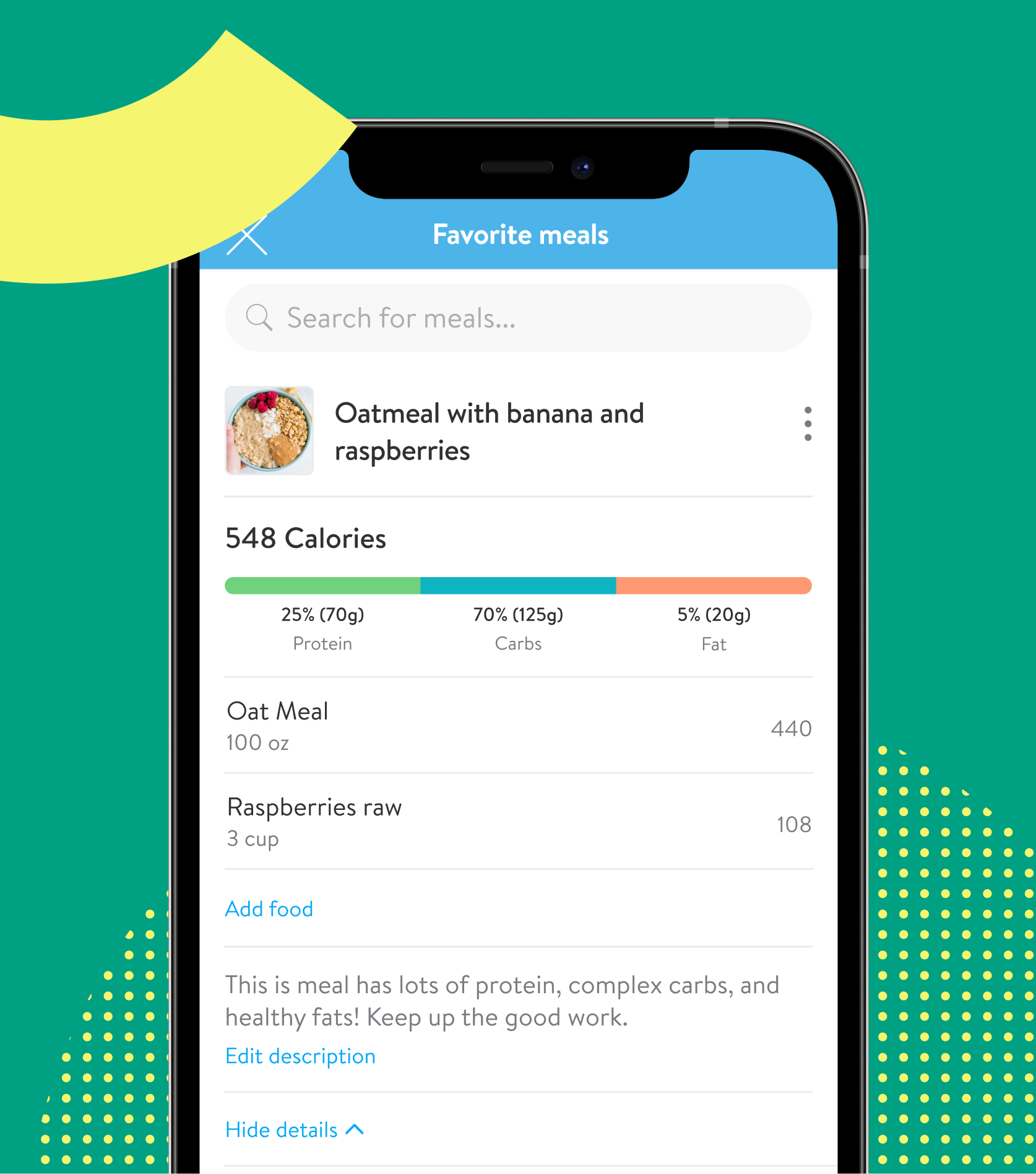 Mobile screen showing feedback from a coach that says: "This meal has lots of protein, complex carbs, and healthy fats! Keep up the good work." from Trainerize's in-app meal tracker.