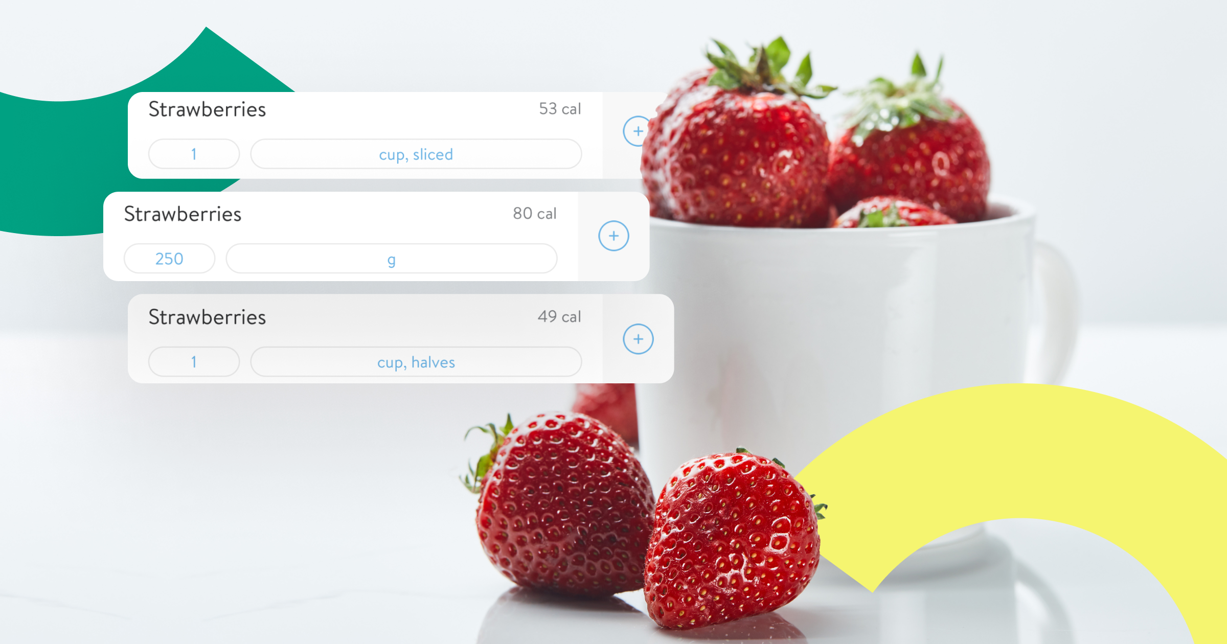 A cup of strawberries with pop-ups of different serving size options from the Trainerize in-app meal tracker.