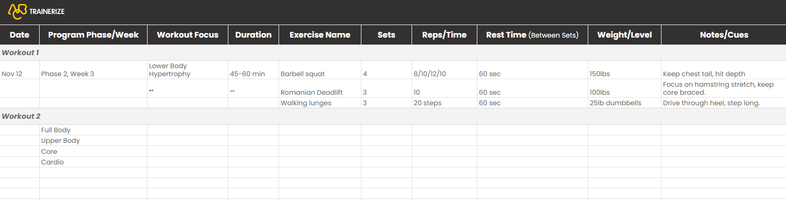 Google Sheets workout templates for personal trainers - example